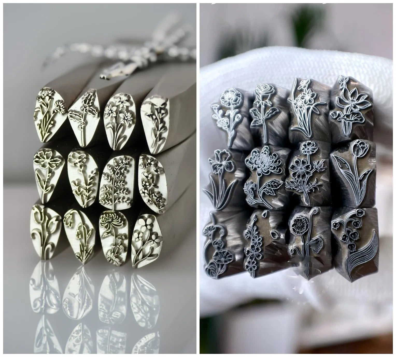 Collection of silver floral and leaf-shaped stamps on a white surface.