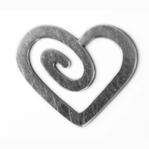 Metallic heart-shaped object with a central spiral design on a white background MetalStampingBlank
