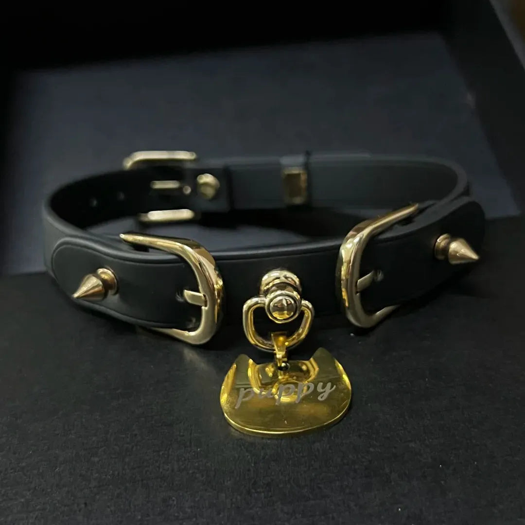 Black leather dog collar with gold hardware and 'puppy' tag on a dark background