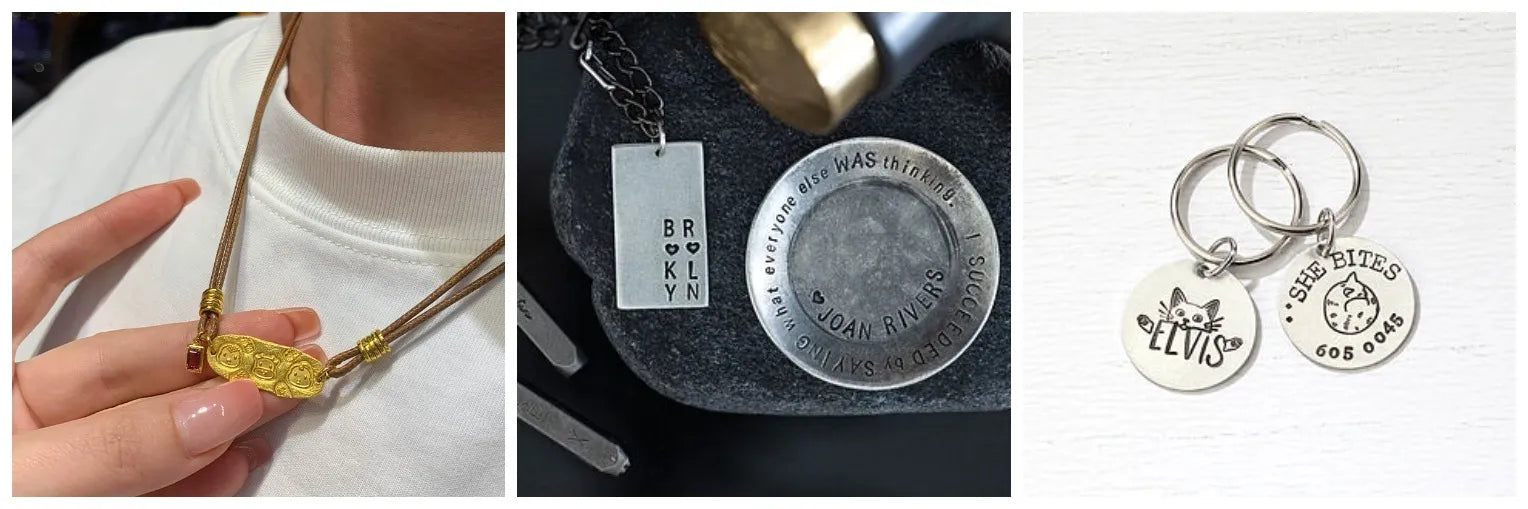 Three keychains with engraved text on a white background