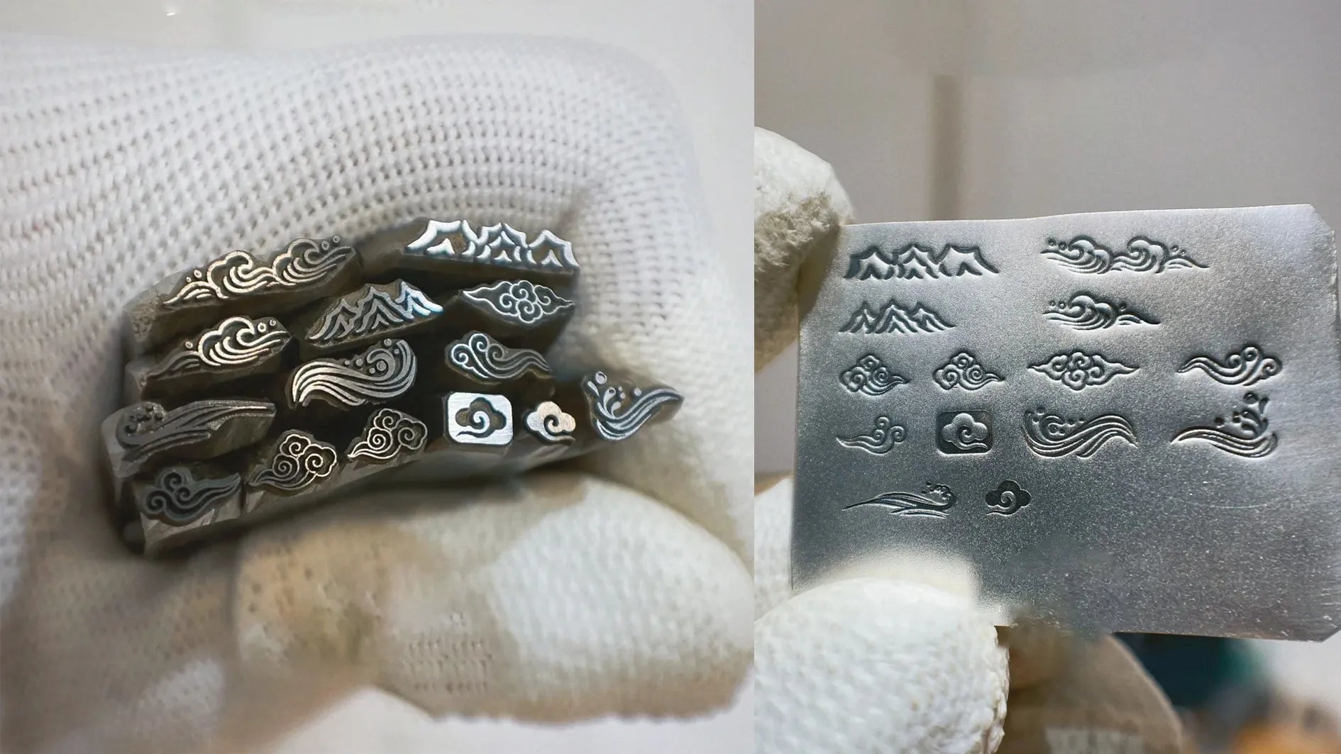 Metal stamp with engraved designs held by a gloved hand on a white background